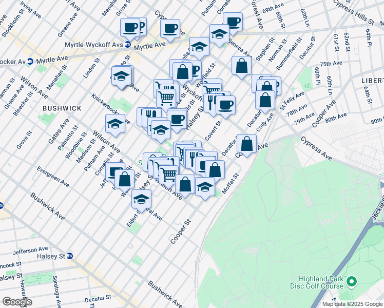 map of restaurants, bars, coffee shops, grocery stores, and more near 327 Eldert Street in Brooklyn