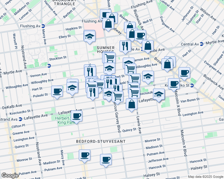 map of restaurants, bars, coffee shops, grocery stores, and more near 160 Marcus Garvey Boulevard in Brooklyn