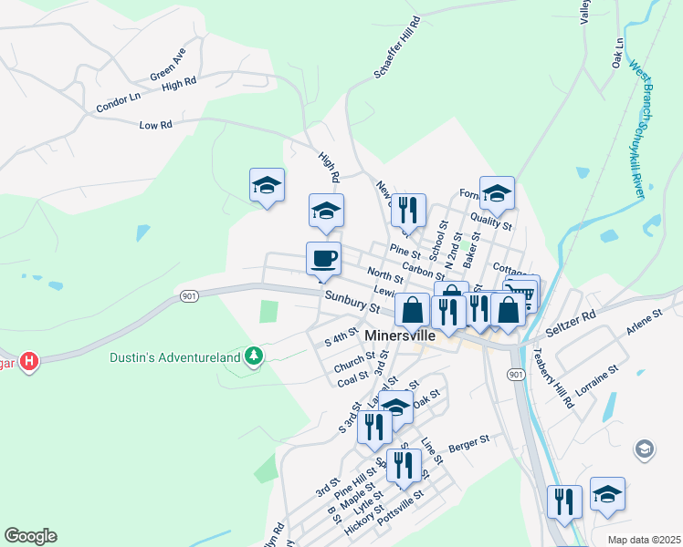 map of restaurants, bars, coffee shops, grocery stores, and more near 454 North Street in Minersville