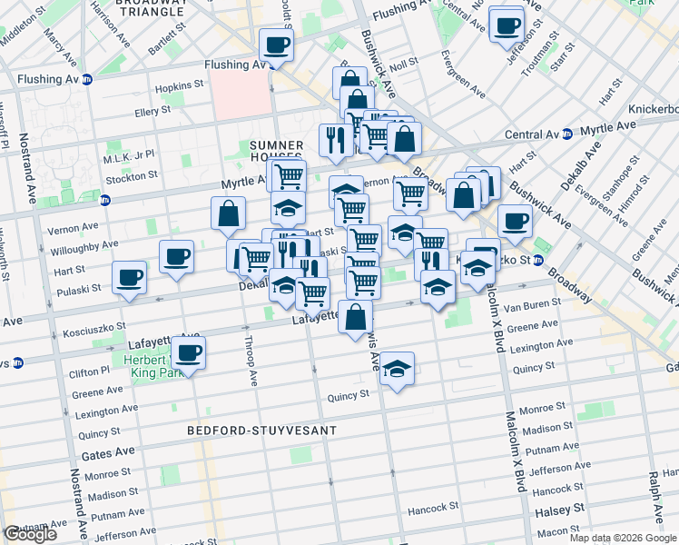 map of restaurants, bars, coffee shops, grocery stores, and more near 938 Dekalb Avenue in Brooklyn
