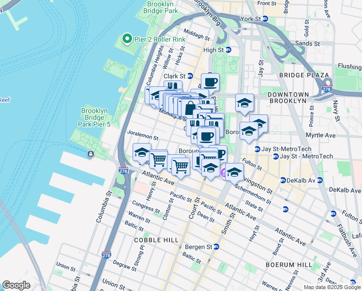 map of restaurants, bars, coffee shops, grocery stores, and more near 132 Joralemon Street in Brooklyn