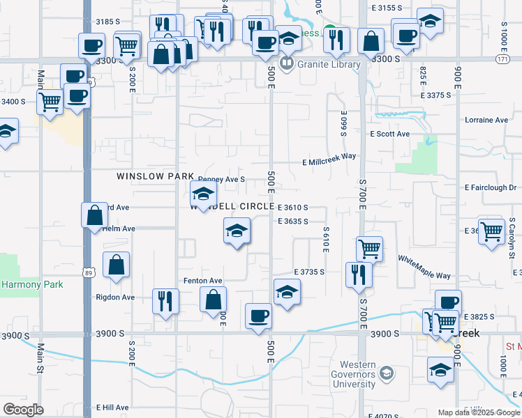 map of restaurants, bars, coffee shops, grocery stores, and more near 480 East Wendell Drive in South Salt Lake