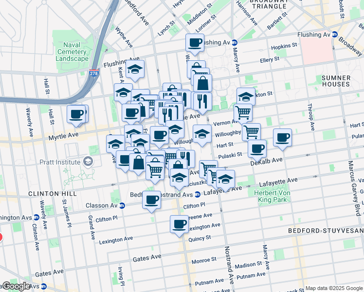 map of restaurants, bars, coffee shops, grocery stores, and more near 175 Spencer Street in Brooklyn