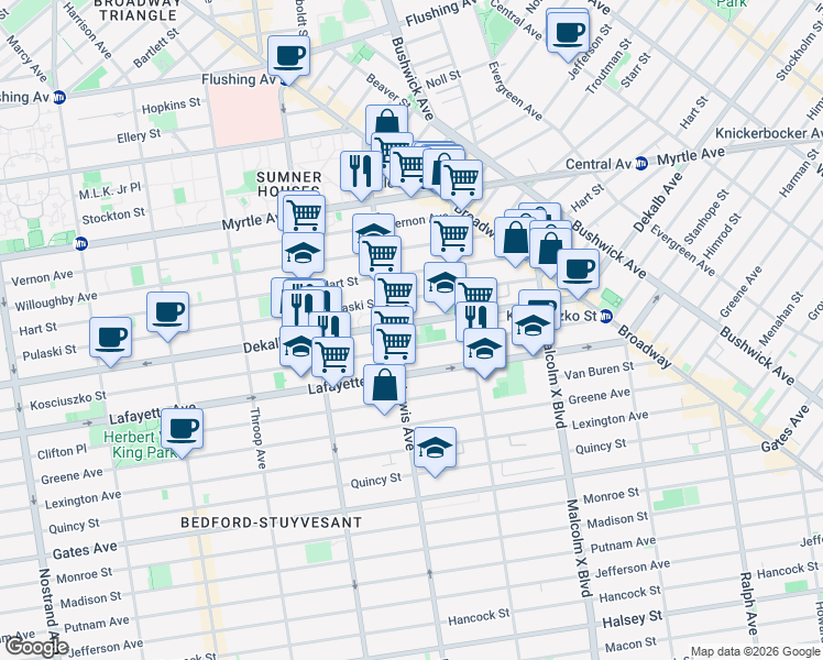 map of restaurants, bars, coffee shops, grocery stores, and more near 974 Dekalb Avenue in Brooklyn
