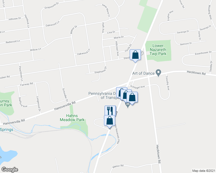 map of restaurants, bars, coffee shops, grocery stores, and more near 4486 Hanoverville Road in Bethlehem