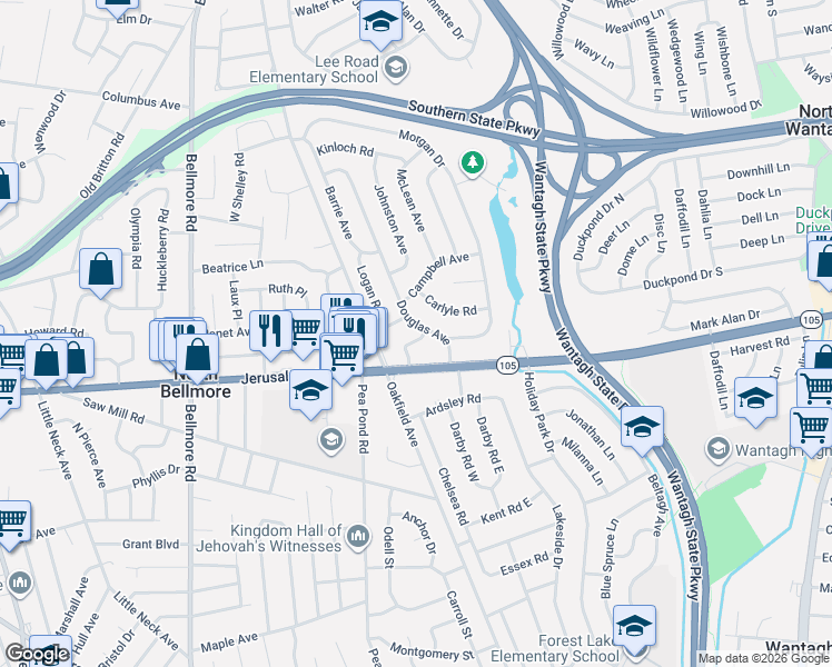 map of restaurants, bars, coffee shops, grocery stores, and more near 2891 Scott Road in Wantagh