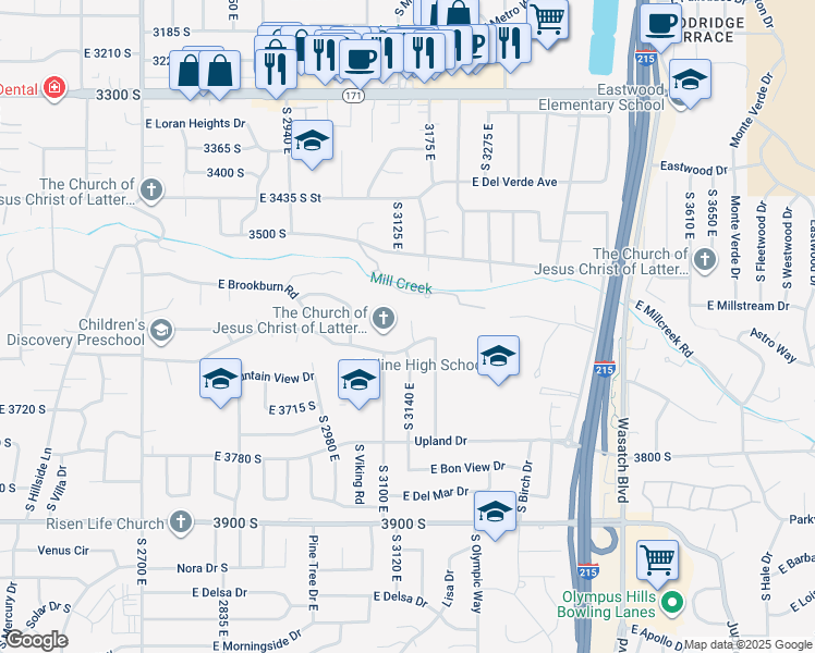 map of restaurants, bars, coffee shops, grocery stores, and more near 3150 East Millcreek Dell Lane in Salt Lake City