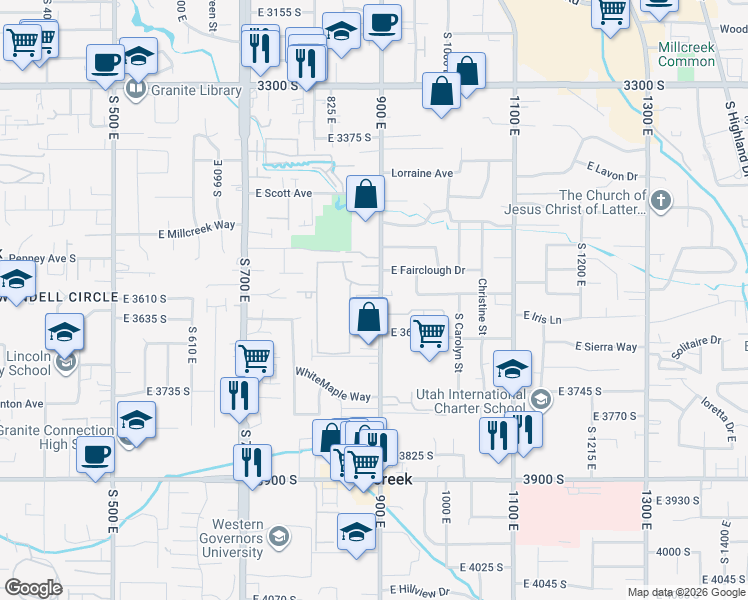 map of restaurants, bars, coffee shops, grocery stores, and more near 3579 900 East in Millcreek