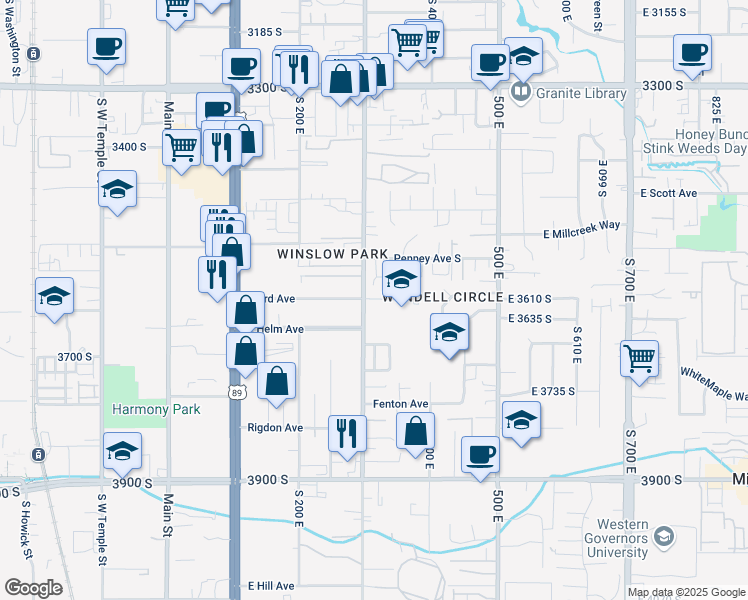 map of restaurants, bars, coffee shops, grocery stores, and more near 334 Penney Avenue South in South Salt Lake