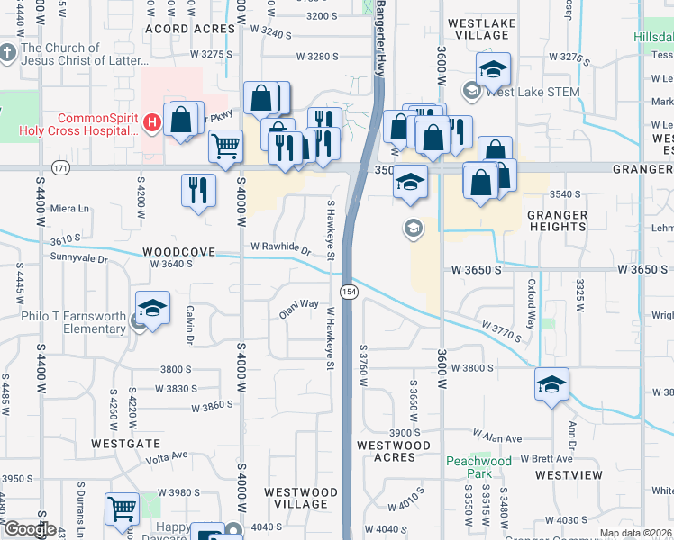 map of restaurants, bars, coffee shops, grocery stores, and more near 3830 West Rawhide Drive in West Valley City