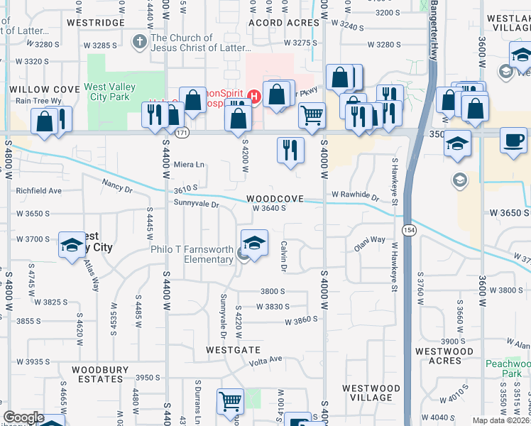 map of restaurants, bars, coffee shops, grocery stores, and more near 3628 South 4110 West in West Valley City