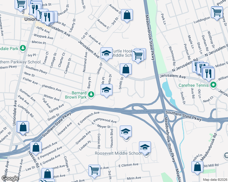 map of restaurants, bars, coffee shops, grocery stores, and more near 751 Martin Drive in Uniondale