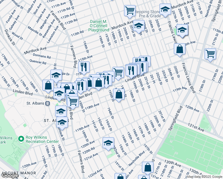 map of restaurants, bars, coffee shops, grocery stores, and more near 195-13 Linden Boulevard in Queens