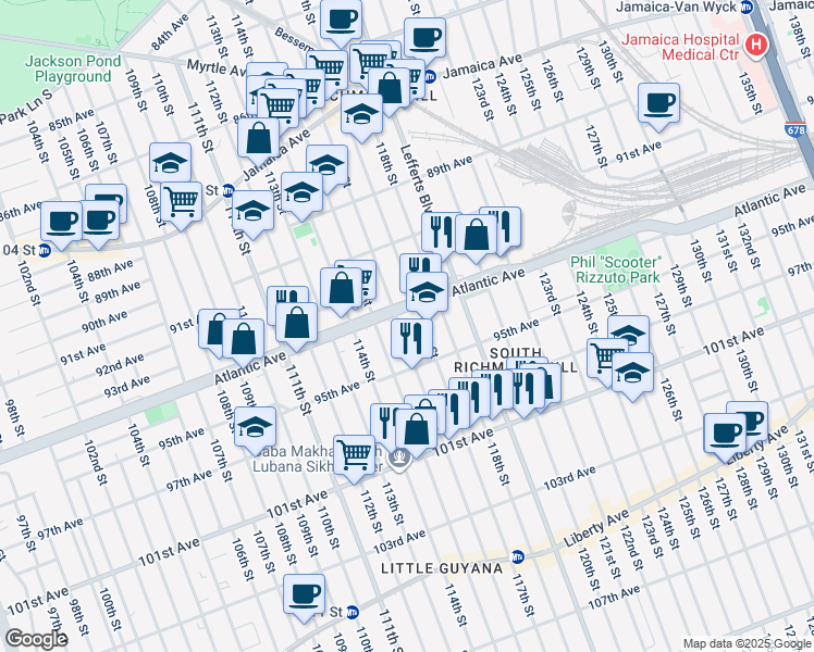 map of restaurants, bars, coffee shops, grocery stores, and more near 116-12 Atlantic Avenue in Queens