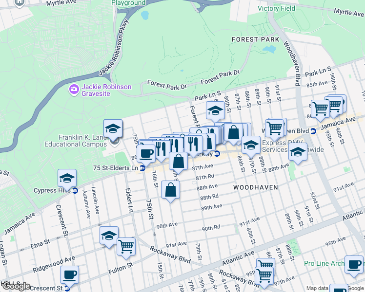 map of restaurants, bars, coffee shops, grocery stores, and more near 86-04 80th Street in Queens