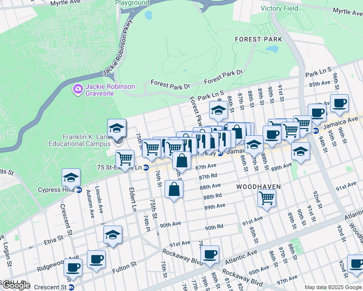map of restaurants, bars, coffee shops, grocery stores, and more near 86-04 80th Street in Queens