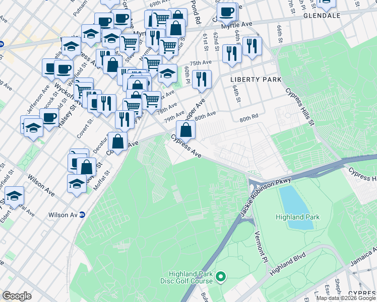 map of restaurants, bars, coffee shops, grocery stores, and more near 80-41 Cypress Avenue in Queens