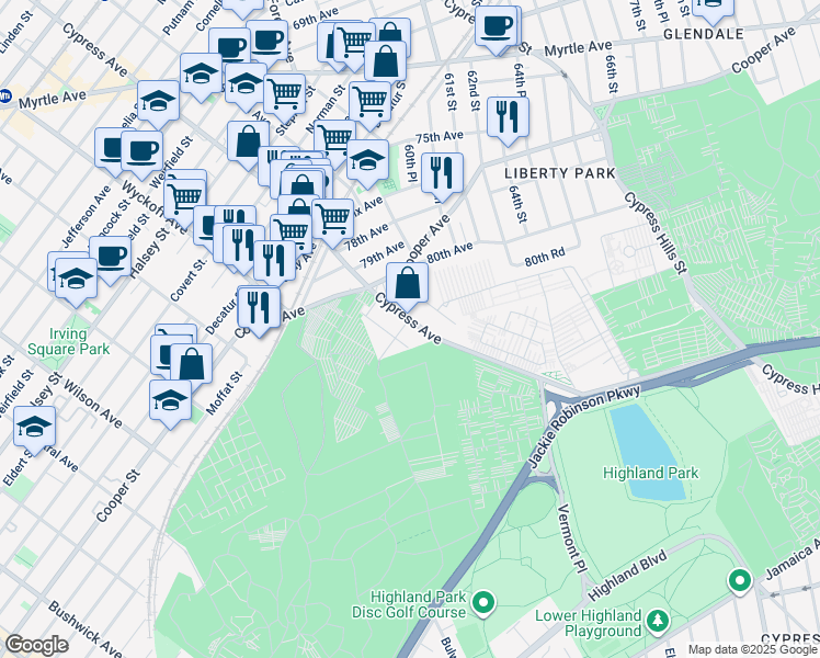 map of restaurants, bars, coffee shops, grocery stores, and more near 80-41 Cypress Avenue in Queens