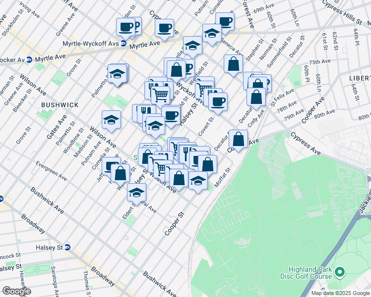 map of restaurants, bars, coffee shops, grocery stores, and more near 327 Eldert Street in Brooklyn