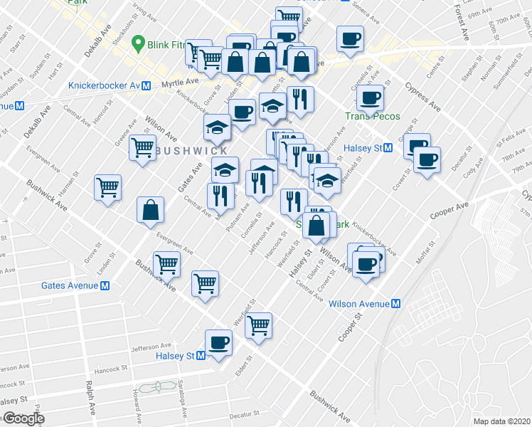 map of restaurants, bars, coffee shops, grocery stores, and more near 1328 Putnam Avenue in Brooklyn