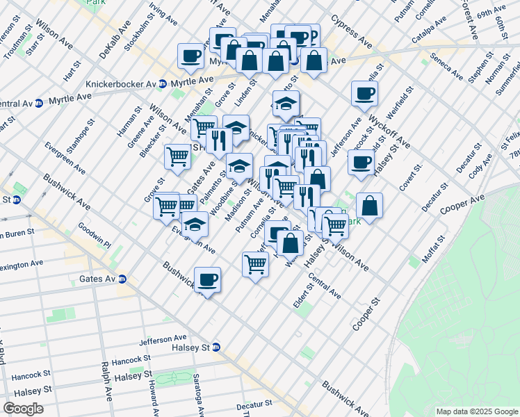 map of restaurants, bars, coffee shops, grocery stores, and more near 1315 Putnam Avenue in Brooklyn