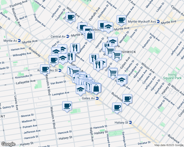 map of restaurants, bars, coffee shops, grocery stores, and more near 31 Bleecker Street in Brooklyn