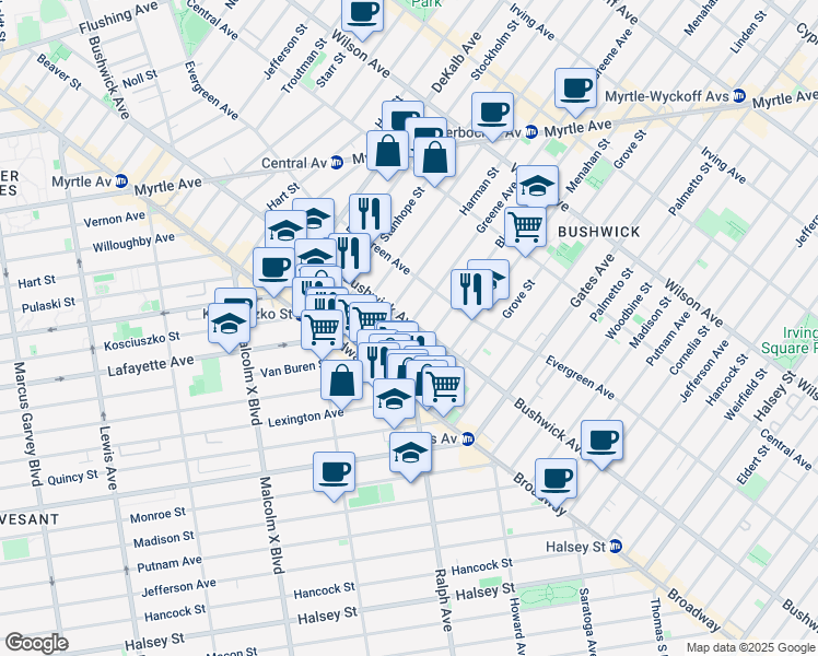 map of restaurants, bars, coffee shops, grocery stores, and more near 1099 Greene Avenue in Brooklyn