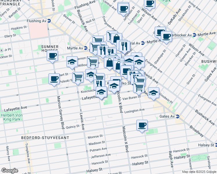 map of restaurants, bars, coffee shops, grocery stores, and more near 1066A Dekalb Avenue in Brooklyn