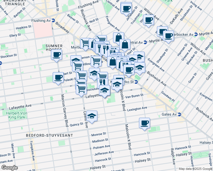 map of restaurants, bars, coffee shops, grocery stores, and more near 1035A Dekalb Avenue in Brooklyn