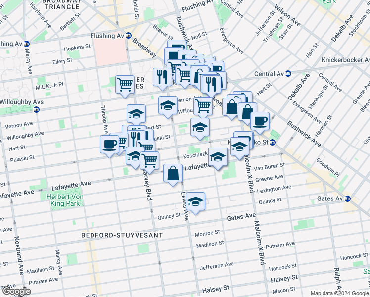 map of restaurants, bars, coffee shops, grocery stores, and more near 109 Lewis Avenue in Brooklyn