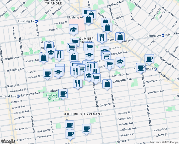 map of restaurants, bars, coffee shops, grocery stores, and more near 280 Hart Street in Brooklyn