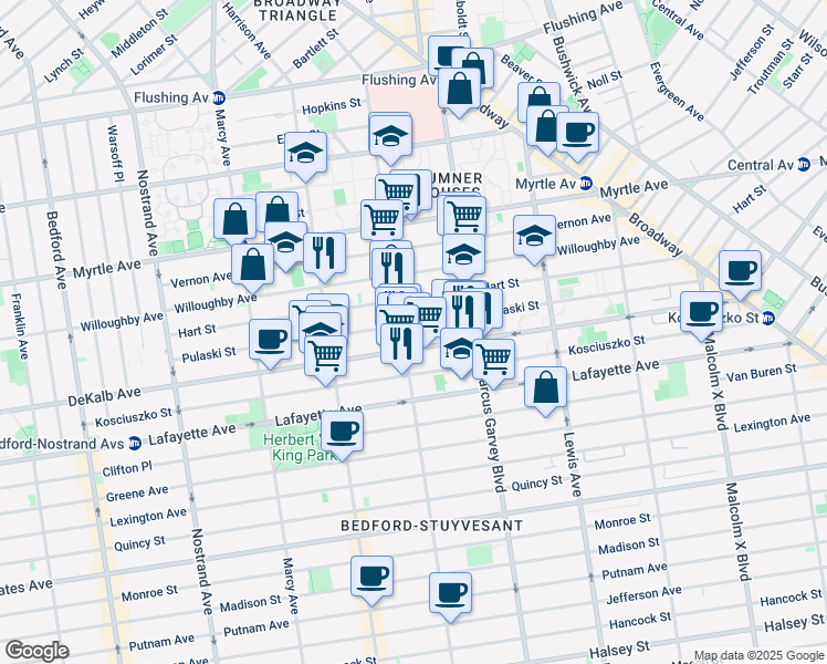 map of restaurants, bars, coffee shops, grocery stores, and more near 219 Pulaski Street in Brooklyn