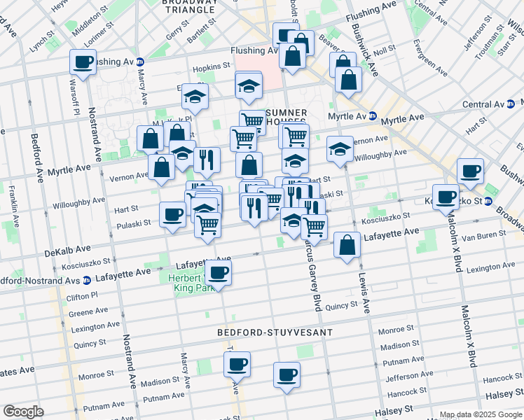 map of restaurants, bars, coffee shops, grocery stores, and more near 219 Pulaski Street in Brooklyn