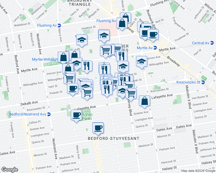 map of restaurants, bars, coffee shops, grocery stores, and more near 219 Pulaski Street in Brooklyn