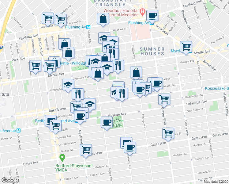 map of restaurants, bars, coffee shops, grocery stores, and more near 111 Hart Street in Brooklyn