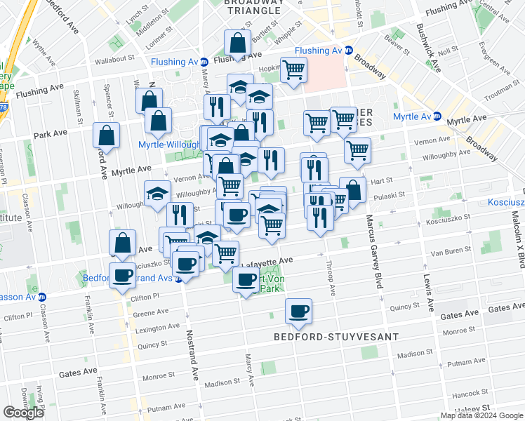 map of restaurants, bars, coffee shops, grocery stores, and more near 111 Hart Street in Brooklyn