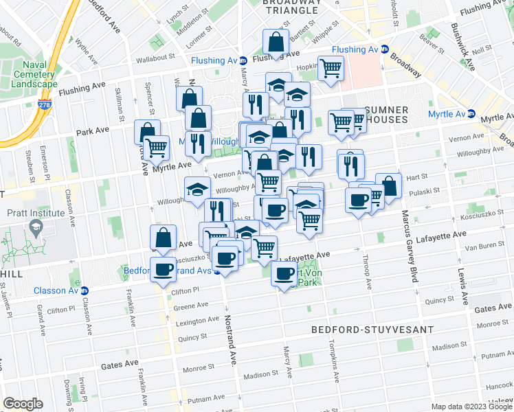 map of restaurants, bars, coffee shops, grocery stores, and more near 611 Marcy Avenue in Brooklyn