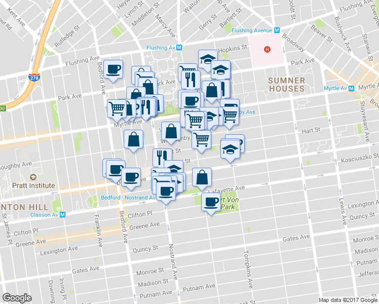 map of restaurants, bars, coffee shops, grocery stores, and more near 492 Willoughby Avenue in Brooklyn