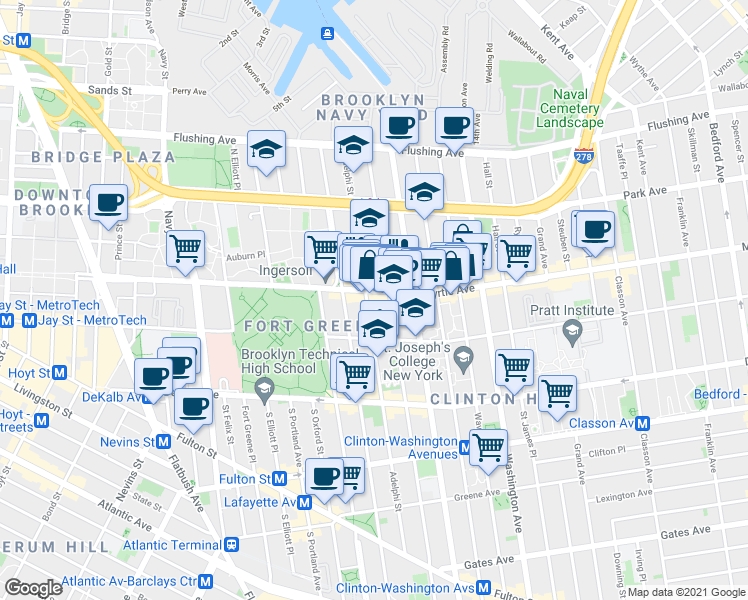 map of restaurants, bars, coffee shops, grocery stores, and more near in Brooklyn