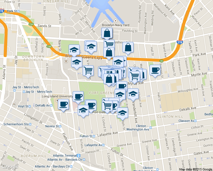 map of restaurants, bars, coffee shops, grocery stores, and more near 329 Myrtle Avenue in Brooklyn