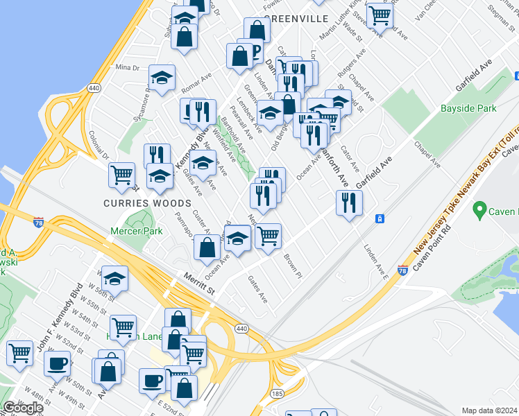 map of restaurants, bars, coffee shops, grocery stores, and more near 11 Bartholdi Avenue in Jersey City