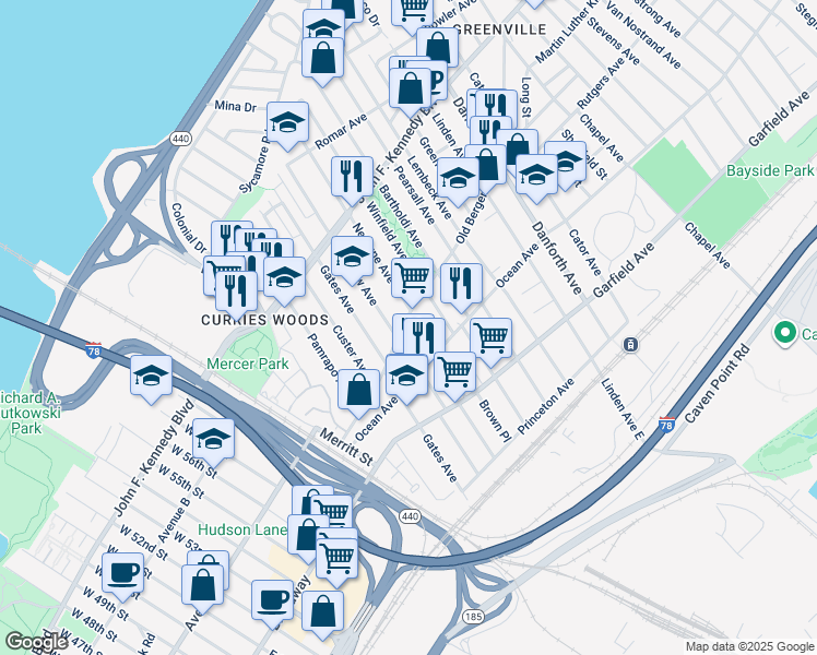 map of restaurants, bars, coffee shops, grocery stores, and more near 124 Old Bergen Road in Jersey City