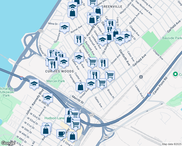 map of restaurants, bars, coffee shops, grocery stores, and more near 124 Old Bergen Road in Jersey City
