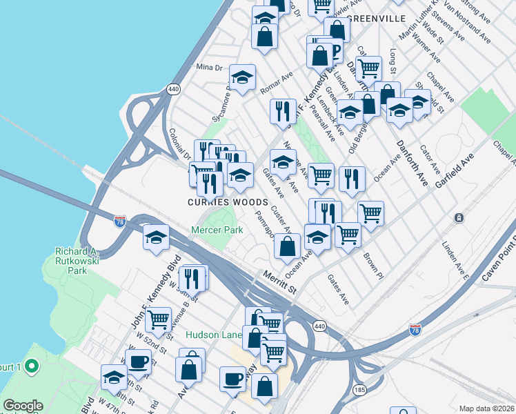 map of restaurants, bars, coffee shops, grocery stores, and more near 100 Pamrapo Avenue in Jersey City