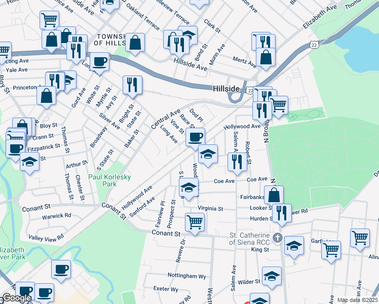 map of restaurants, bars, coffee shops, grocery stores, and more near 230 Pennsylvania Avenue in Hillside