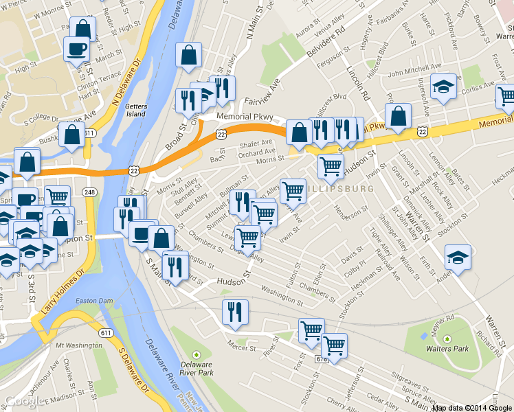 map of restaurants, bars, coffee shops, grocery stores, and more near 114 Summit Avenue in Phillipsburg