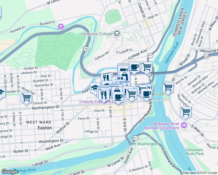 map of restaurants, bars, coffee shops, grocery stores, and more near 106 North 4th Street in Easton