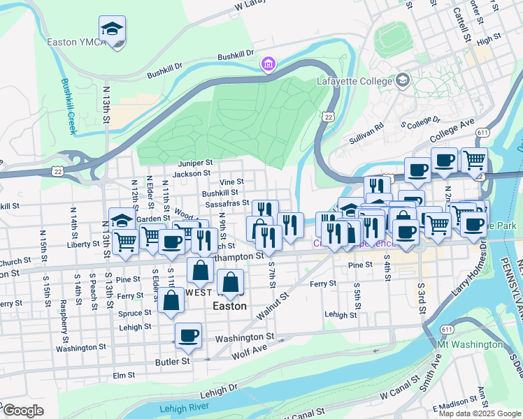map of restaurants, bars, coffee shops, grocery stores, and more near 714 Bushkill Street in Easton