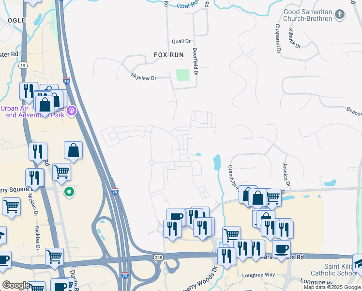 map of restaurants, bars, coffee shops, grocery stores, and more near 629 Partridge Drive in Cranberry Township