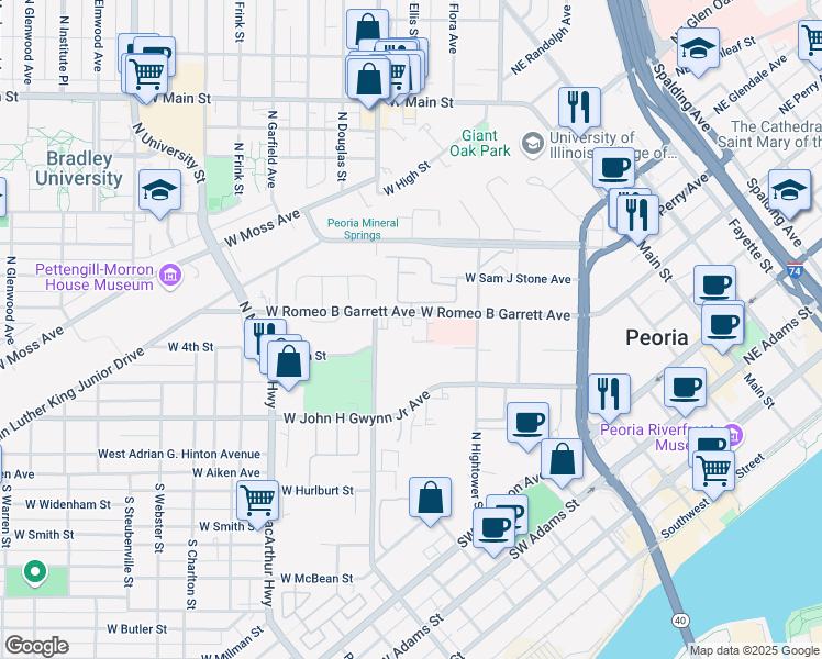 map of restaurants, bars, coffee shops, grocery stores, and more near 601 West Romeo B Garrett Avenue in Peoria